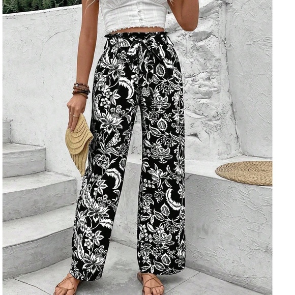 Boho Tropical Leaves Print High Waisted Stretchy Waist Wide leg Pants - Picture 3 of 9